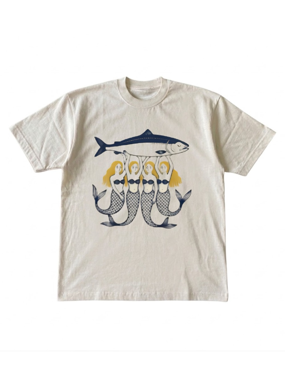 Gildan Mermaid & Fish Graphic Tee - Cream with Navy and Yellow